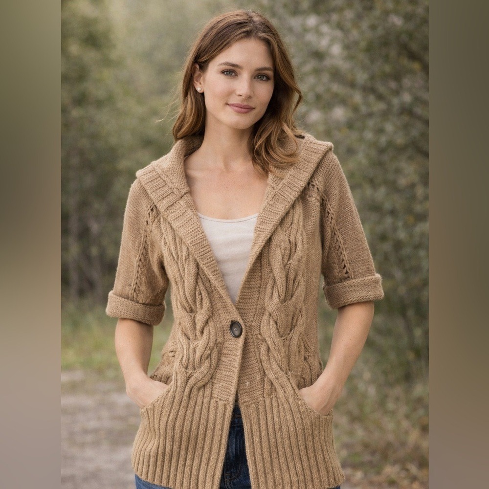 Ann Taylor LOFT Hooded Cable Knit Cardigan Sweater Alpaca Wool Tan Small